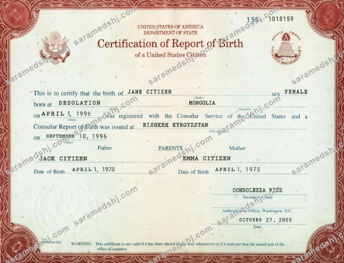 USA certification of report of birth washington 1